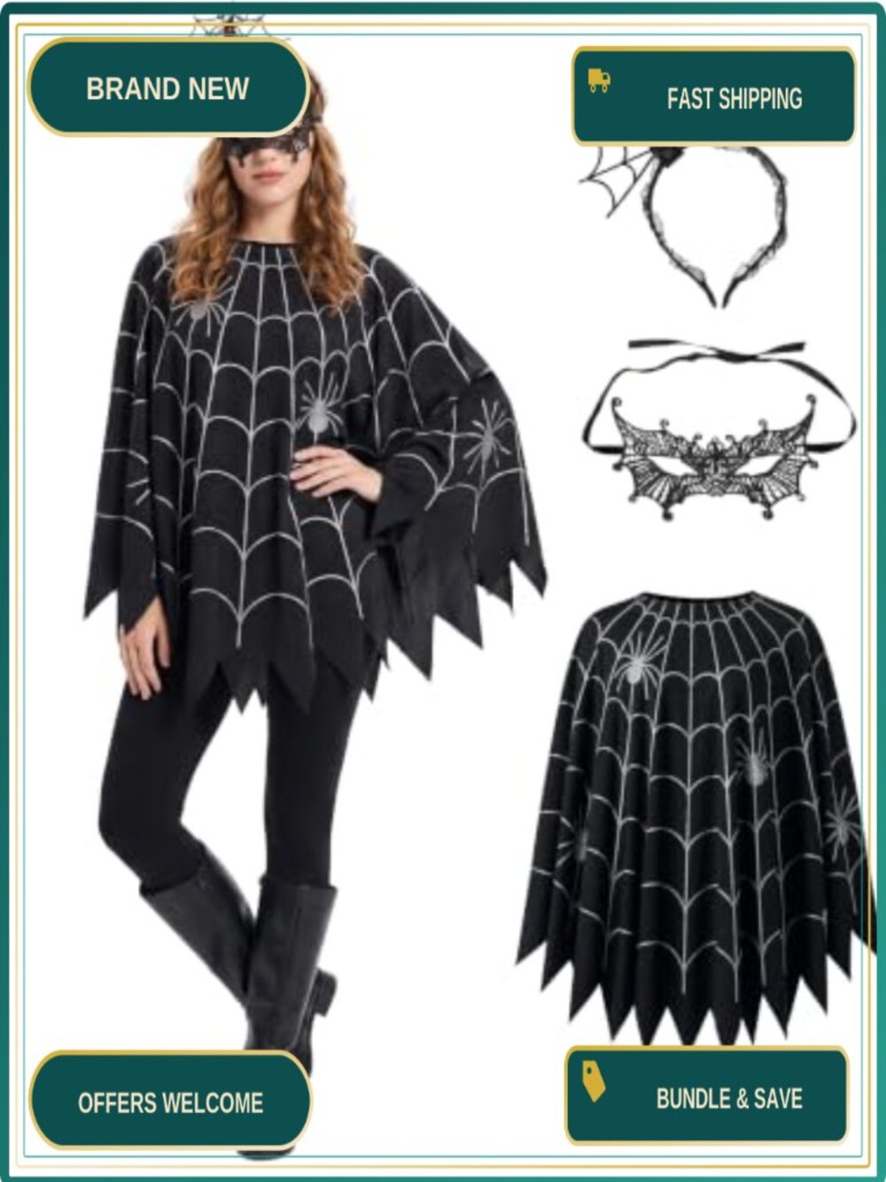 Women Spider Web Poncho Costume 3-Piece Set with Lace Mask & Headband
